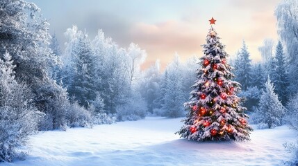 Fototapeta premium Illuminated Christmas tree in a snowy winter forest.