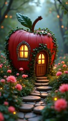 3d apple shaped cottage nestled within an enchanted garden apple house delicate flowers and winding green vines