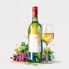 White wine bottle watercolor art painting design on plain white background illustration