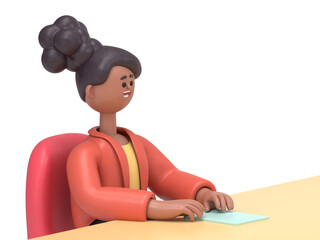 3D illustration of african american woman Coco sitting behind a desk as conducting an interview.Supports PNG files with transparent backgrounds.