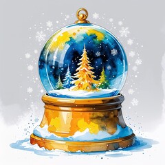 Yellow snow globe watercolor art painting design on plain white background illustration