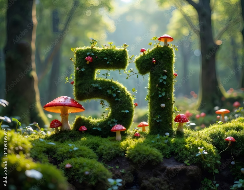Poster 緑豊かな苔と植物で飾られた数字51のシーン 赤いキノコと日光が差し込む森の背景