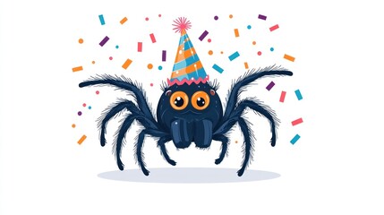 Cute spider wearing party hat, surrounded by confetti