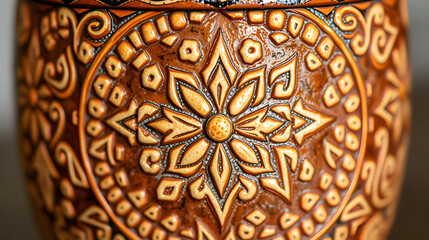 A detailed shot of an intricately decorated cacao ritual cup used in traditional ceremonies and cultural practices  The ceramic vessel features complex