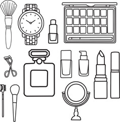 makeup tools woman beauty vector eyeshadow watch perfume blush brush lipstick