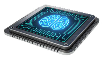 Illuminated brain design on a microchip with visible pins and circuit patterns in a square frame png on transparent background