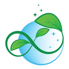 Creative eco infinity symbol featuring green leaves and a blue globe background, representing sustainability, environmental awareness, renewable energy, and a greener future.