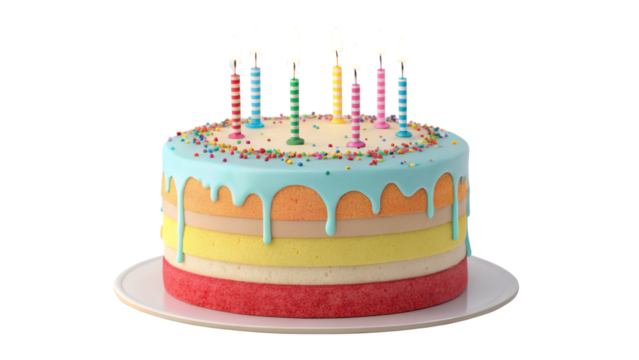A layered cake with blue frosting and sprinkles topped with lit birthday candles on a white plate png on transparent background