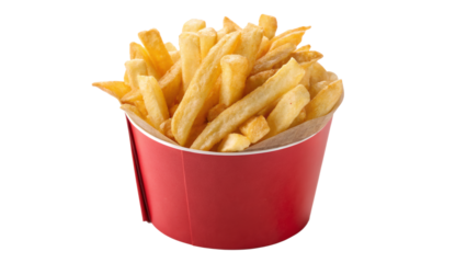 A red container filled with golden french fries against a plain colored simple backdrop scene png on transparent background