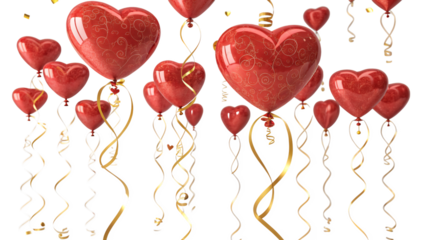 Red heart shaped balloons with gold and white ribbons floating in the air for a celebration png on transparent background