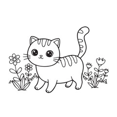 Fototapeta premium Sweet kitten playing in flower field under clouds wonderful choice preschool coloring activities and crafts