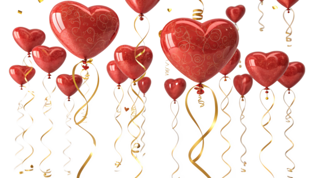 Red heart shaped balloons with gold and white ribbons floating in the air for a celebration png on transparent background
