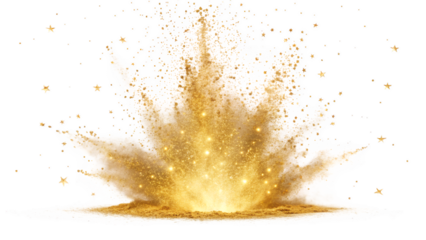 Golden explosion of powder with sparkling particles and star shaped confetti scattered around it png on transparent background