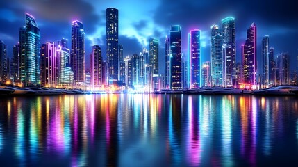 Fototapeta premium Neon Cityscape Reflection at Night - Neon lighting