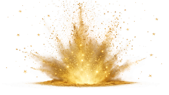 Golden explosion of powder with sparkling particles and star shaped confetti scattered around it png on transparent background - Powered by Adobe