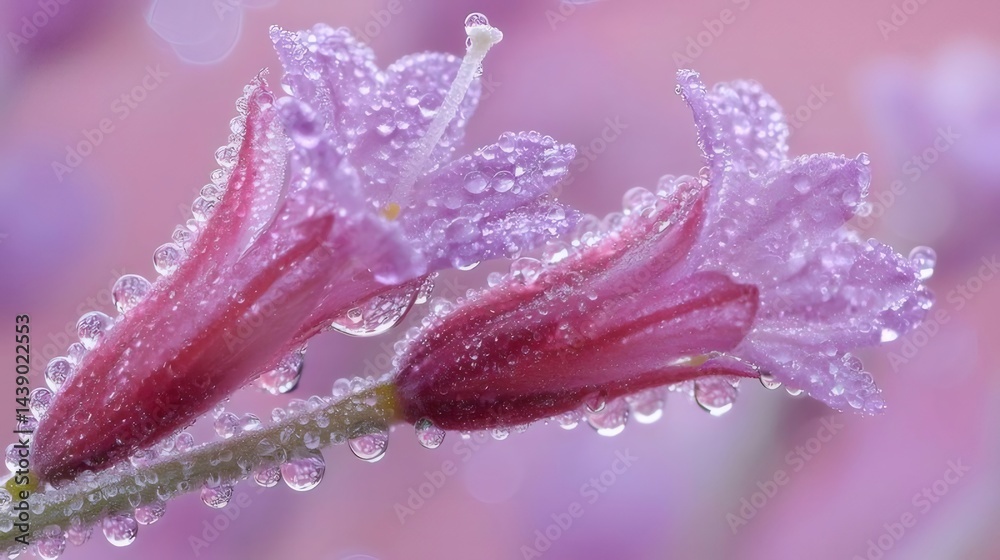 Aufkleber ピンクの花に水滴が光るマクロ撮影 背景は淡いピンク色で優しい雰囲気