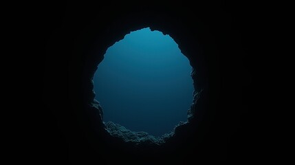 Fototapeta premium A dark, circular opening reveals a vibrant blue underwater scene, suggesting an underwater cave or deep pool, inviting curiosity and exploration.