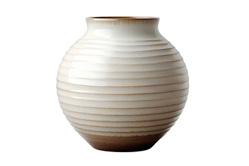 White and beige striped ceramic vase on a transparent background