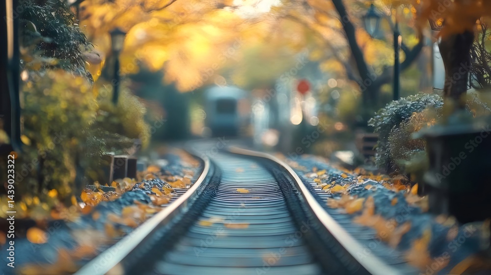 Aufkleber 秋の風景 鉄道線路 落ち葉と木々が彩る美しいイエローとオレンジ色の情景 旅の思い出 鮮やかな光が差し込むノスタルジックな風景