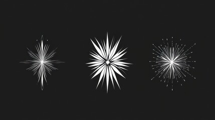 Fototapeta premium Three abstract white starburst designs on black background, for design elements