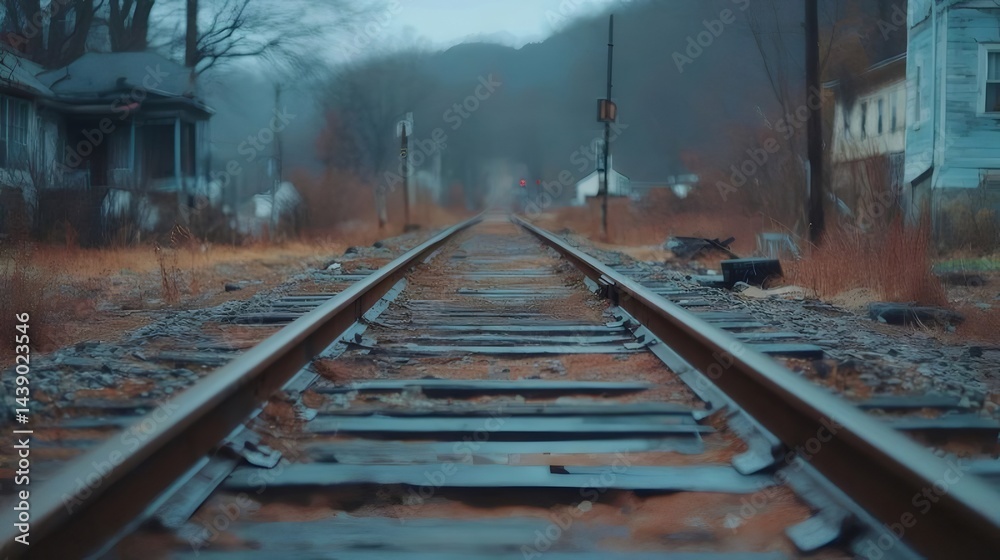 Aufkleber 線路の真ん中を走る茶色の鉄道線路 霧のかかった風景の中を旅する旅の概念