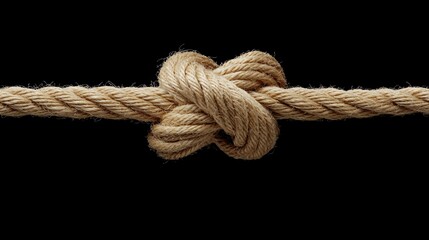 A close-up of a tightly tied rope knot against a black background, showcasing the texture and detail of the natural fibers.