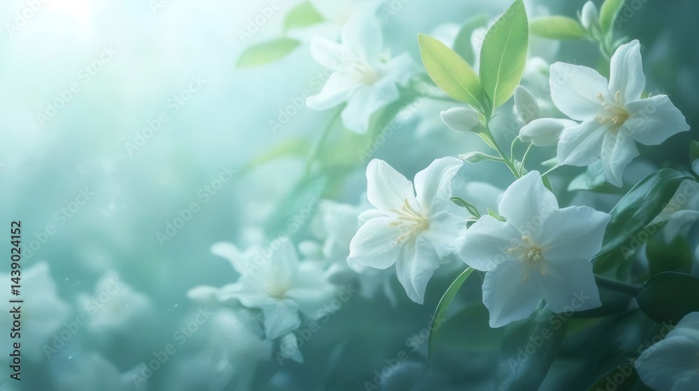 Poster 白く咲き誇る花々の幻想的なクローズアップ 淡い緑色の背景と柔らかな光の中で咲く白い花