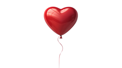 A single red heart shaped balloon with a curly string floating in a simple studio setting view isolated png on transparent background