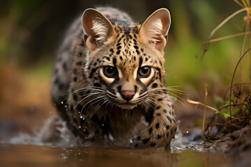 Naklejka premium Ocelot Walking Through Water in Forest