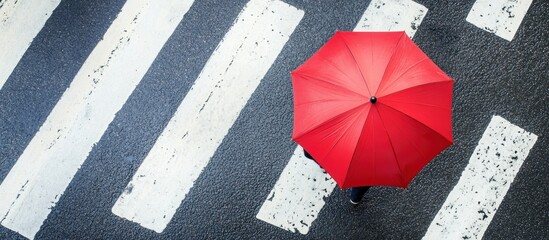 Vibrant red umbrella on a zebra crossing, symbolizing protection and urban safety, aerial photography emphasizes the clean lines