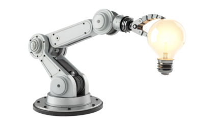 Robotic arm holding a glowing lightbulb showcasing innovation and technological advancement concept png on transparent background