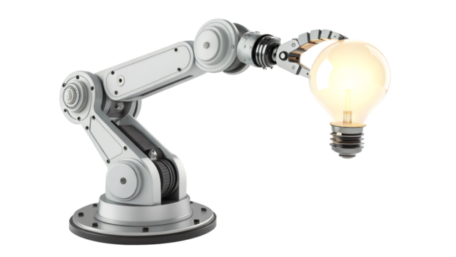 Robotic arm holding a glowing lightbulb showcasing innovation and technological advancement concept png on transparent background - Powered by Adobe
