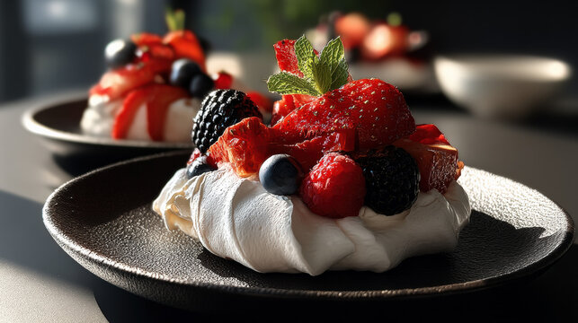 Pavlova Dessert with Berries: The close-up of an exquisite pavlova dessert adorned with a vibrant medley of fresh berries, creating a visually appealing and tantalizing treat.