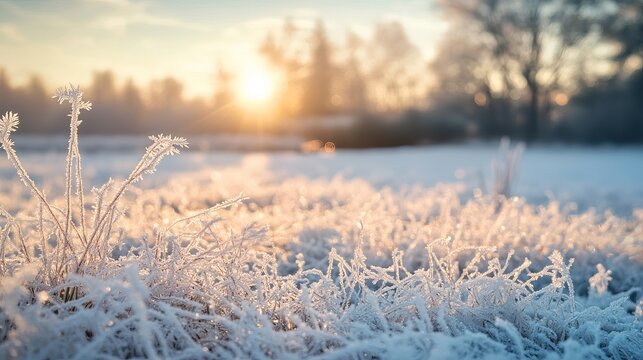 A frosty morning scene with ice covered grass and a blurred sunrise in the background landscape view