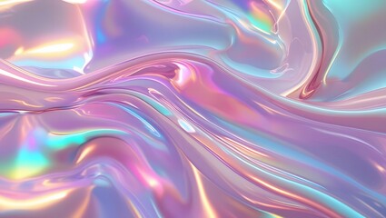 Iridescent pastel fluid waves with holographic shine on a soft background.