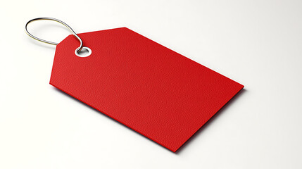 A red tag with a silver chain hanging from it