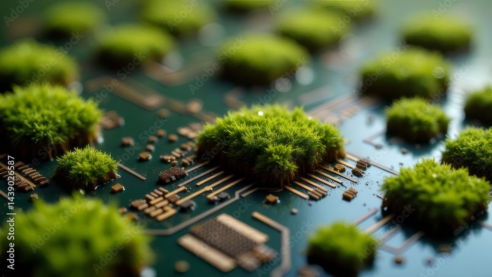 Poster 電子回路基板に茂る緑色の苔のクローズアップ 現代的な環境と技術の調和のイメージ