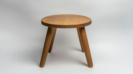 A wooden stool with a round top sits on a white background