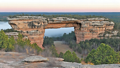 Majestic natural rock arch bridge over misty valley at sunrise, stunning landscape photography.