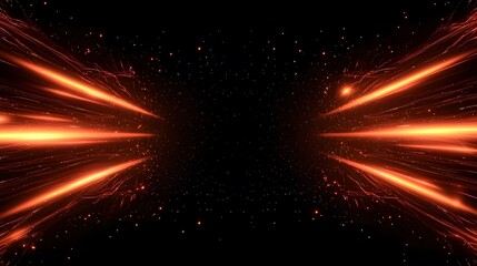 Obraz premium The image contains two bright orange beams of light emanating from opposite sides of a dark background, intersecting in the center. The beams are streaked with smaller, glowing particles, creating a