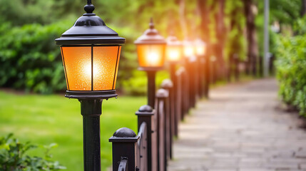 A row of street lights are lit up on a path
