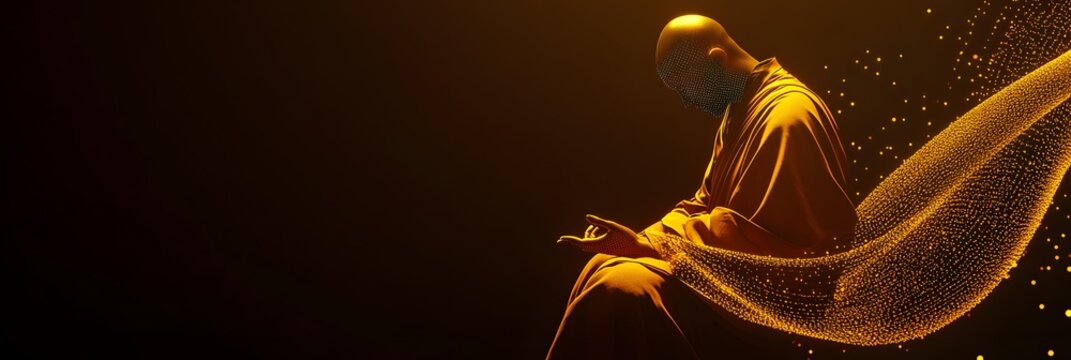 A levitating monk surrounded by a golden aura, eyes filled with cosmic knowledge