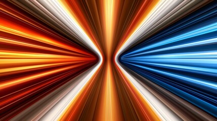 The image contains an abstract design of radiating lines in shades of orange, white, and blue, converging at a central point.