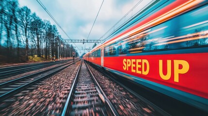 Fototapeta premium Dynamic Train Movement with Bold Speed Up Sign on a Cloudy Day Over a Rail Road Landscape