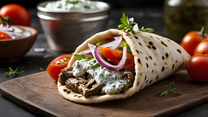 Ultra HD image of a Greek gyro with tzatziki sauce, tomatoes, and onions wrapped in pita