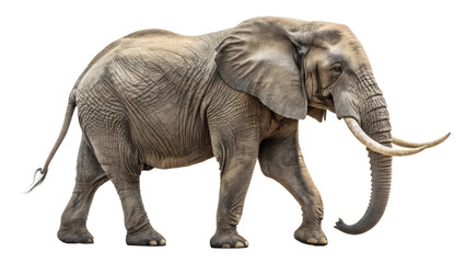 Obraz premium African elephant with tusks, majestic savanna animal, isolated gray elephant on white background
