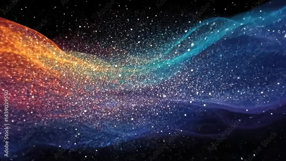 Poster mesmerizing multicolored particle wave animation in slow motion