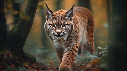 Fototapeta premium Lynx prowls through a dense forest during golden hour capturing the essence of wild nature in autumn