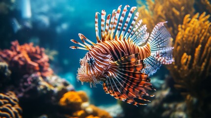 Colorful lionfish swimming gracefully among vibrant coral reefs in a tropical underwater environment
