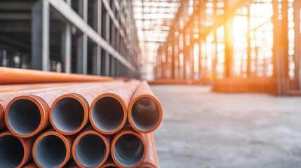 Industrial warehouse interior with stacked orange pipes against a backdrop of steel beams and natural light